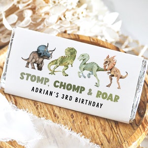 Dinosaur Chocolate Bar Wrapper Printable Template, Boys Birthday Party Favors T-Rex Triceratops Pterodactyl Jurassic Theme Dino DIY Z304