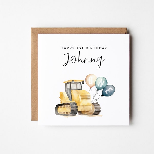 1st Birthday Card for Boys, Personalised Construction Bulldozer Vehicle, DIY Printable, Instant Download, Cute Builder Square Greeting Card
