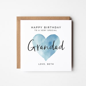 Carte d’anniversaire grand-père - Coeur aquarelle bleu modifiable imprimable bricolage personnalisé carré de voeux de petit-fils ou petit-enfant à grand-père