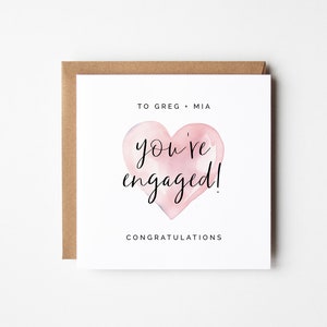 Plantilla de tarjeta de compromiso, corazón de acuarela rosa, felicitaciones personalizadas DIY imprimible, tarjeta cuadrada de descarga instantánea para pareja feliz