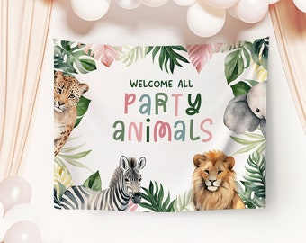 Party Animals Backdrop Banner, 30x40 40x50 Editable Printable DIY Safari Jungle Zoo Girls Theme Instant Download Birthday Party Z344