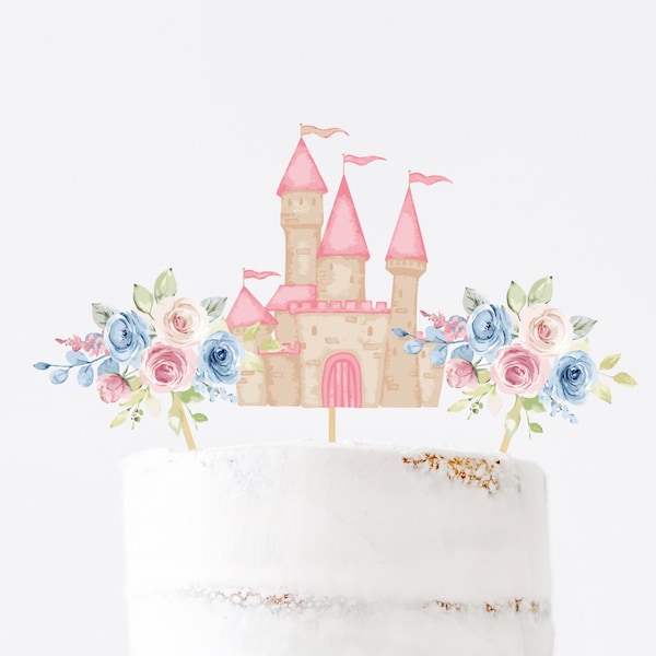 Princess Cake Topper Bundle, Watercolor Princess Castle Floral Printable DIY Centerpiece Set, Instant Download Party Decoration z310