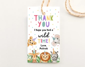 Bearbeitbare Party Tiere Favor Tags, Safari Zoo Wild One Tiere Danke Tags, Geschenkanhänger Digitale Vorlage Printable Templett Dschungel DIY Z293