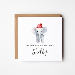 Niños 1a tarjeta de Navidad, bricolaje imprimible editable, descarga instantánea personalizada de elefantes del zoológico Safari, tarjeta de felicitación de animales de Navidad niño o niña