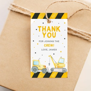 Construction Party Tags, Construction Birthday Favor Tags, Printable Digger Birthday Party Thank You Tags, Editable Template Party Tags Z289