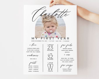 May include: A white poster with a black archway containing a photo of a baby girl. The poster is titled "My First Year" and lists the baby's milestones, including her weight, height, and first tooth. The poster also includes a list of things the baby loves and can do.