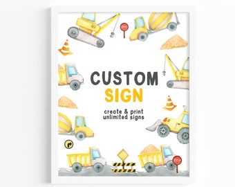 Modèle de signe de fête d'anniversaire de construction modifiable, excavatrice de pelle de camion à benne basculante, décor de fête de construction, signe de table de téléchargement instantané Z289