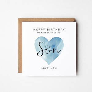 Tarjeta de hijo de feliz cumpleaños - corazón de acuarela azul editable imprimible DIY saludo cuadrado personalizado de padres a tarjeta de hijo