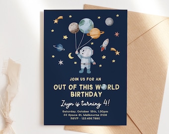 Editable Out of This World Birthday Invitation Outer Space Planets Rocket Ship Galaxy Astronaut Blue Boy Digital Template Printable Z292