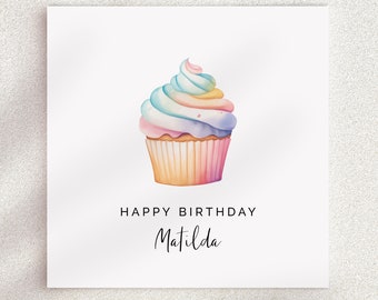 Birthday Card for Girls Friend, Happy Birthday Card Editable Name, Rainbow Cupcake Design, Kids Birthday Card, Printable Personalised Square