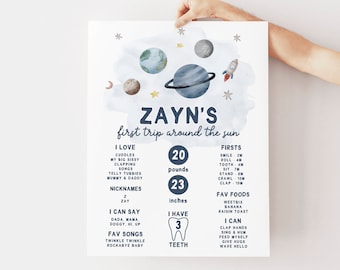 Outer Space Birthday Milestone Sign First Trip Around the Sun Boy 1st Birthday Astronaut Galaxy Planets Printable Template Poster Sign Z292