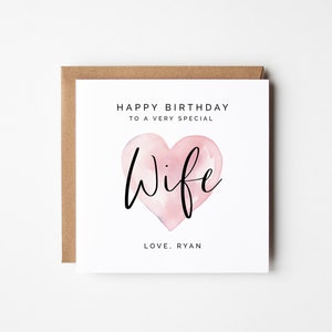 Cartão de aniversário da esposa do marido, coração aquarela rosa, personalizado DIY para impressão, download instantâneo cartão quadrado para parceiro cônjuge