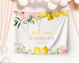 Lemon Backdrop Banner, Pink Floral 30x40 40x50 Editable Printable DIY Sweet Citrus Summer Instant Download Birthday Party Decoration Z340
