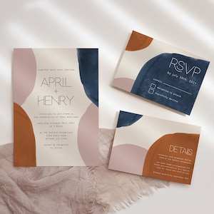 Abstract Modern Wedding Invitation Template Set Terracotta Navy Burnt Orange Blush Watercolor Beige Wedding Invitation Suite Printable WED06