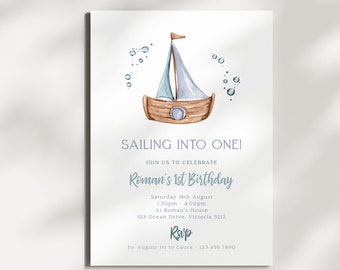 Nautical Birthday Invitation Template, Under the Sea Ocean Sail Boat Modern Kids Printable Editable Instant Download Party Invite Decor z329