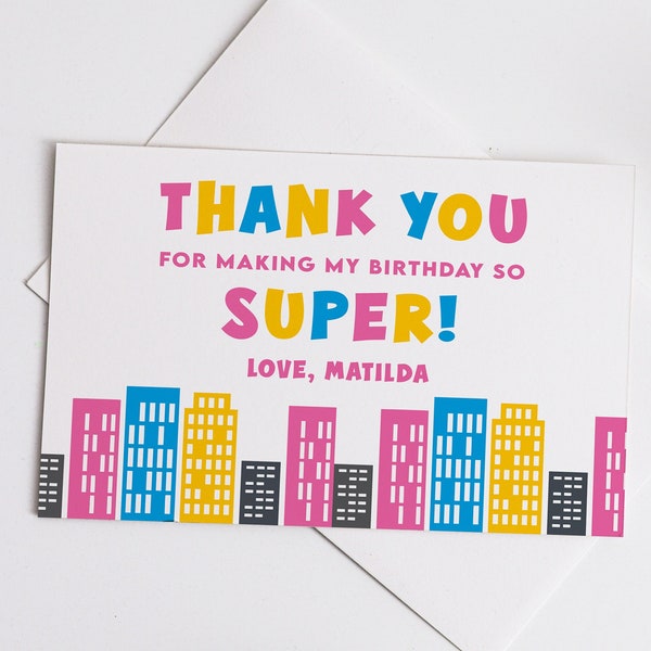 Editable Superhero Birthday Thank You Card, Printable Pink Super Hero Instant Download Kids Party Appreciation Note Girls Thankyou DIY Z297