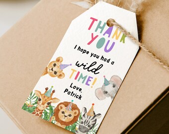 Bearbeitbare Party Tiere Favor Tags, Safari Zoo Wild One Tiere Danke Tags, Geschenkanhänger Digitale Vorlage Printable Templett Dschungel DIY Z293