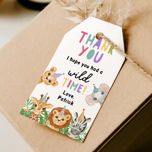 Editable Party Animals Favor Tags, Safari Zoo Wild One Animals Thank You Tags, Gift Tag Digital Template Printable Templett Jungle DIY Z293