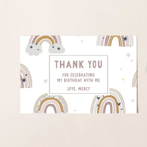 Dankeschön-Karte, Boho Pastell Regenbogen 4 x 6 Notiz bearbeitbar druckbar Sofortiger Download Blush Pink & Senf Töne Boho Mädchen Party DIY Z77