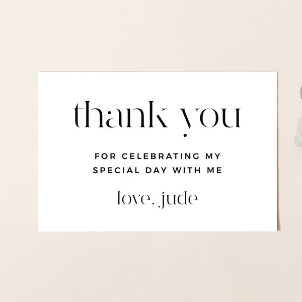 Minimalist Birthday Thank You Card, Editable Template Printable Instant Download Monochrome Modern Simple Gender Neutral Party Decor Z43