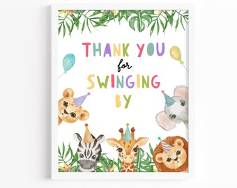 Gracias por balancearse por el signo de cumpleaños, fiesta animal safari cumpleaños mesa signo, fiesta de la selva imprimible mesa signo zoológico animal decoración Z293