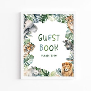 Safari Tischschild Gästebuch, 8x10 Editierbar Druckbar DIY Dschungel Safari Zoo Party Tiere Sofortiger Download Kinder Geburtstag Party Dekor Z345