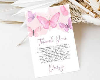 Butterfly Thank You Card, Whimsical Pink Girls Watercolor Template Editable DIY 4x6 Birthday or Baby Shower DIY Note Instant Download Z317