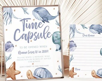 Szablon kapsuły czasu, kapsuła czasu oceanu pierwsze urodziny baby shower karty nowoczesne podwodne dekoracje urodzinowe edytowalne do wydrukowania Z329