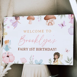 Fairy Princess 1. Geburtstag Willkommensschild, bearbeitbare druckbare verzauberte Garten Schmetterling rosa lila Blumen Instant Download Party Zeichen Z296