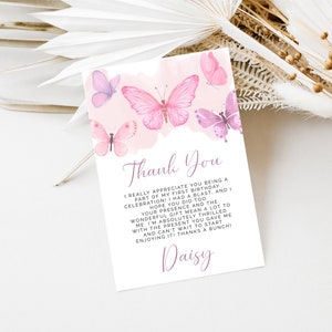 Carte de remerciement papillon, modèle aquarelle fantaisiste pour filles roses, bricolage modifiable 4 x 6 anniversaire ou note de bricolage pour baby shower, téléchargement immédiat Z317