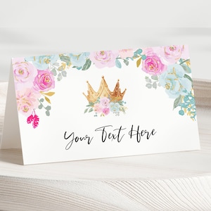 Modèle de cartes de place de princesse, décorations de fête de princesse imprimables modifiables Rose Floral Gold Crown Girls Birthday Food Label Buffet Z313
