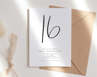 Bearbeitbare Minimalistische 16. Geburtstag Party Einladung Download Druckbare Digitale Vorlage Modern Schwarz Weiß Junge Mädchen Sweet Sixteen Invite Z193
