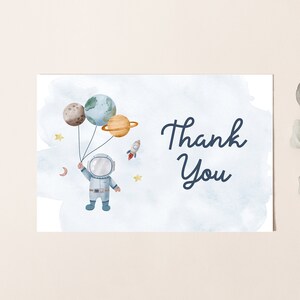 Bearbeitbare Weltraum Geburtstag Dankeskarte Astronaut Planeten zum Mond Galaxy Dankeschön druckbare Vorlage digitaler Download Z292