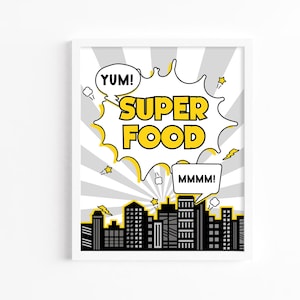 Pode incluir: Uma ilustração em preto e branco de um horizonte da cidade com um balão de fala amarelo que diz "SUPER FOOD" com balões de fala menores que dizem "YUM!" e "MMMM!" em um fundo cinza e branco.