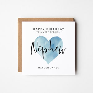 Neffe Geburtstagskarte, Blaue Aquarell Herz Bearbeitbare druckbare DIY Quadratische Gruß Gefaltet Grußkarte von Tante oder Onkel Sofort Download