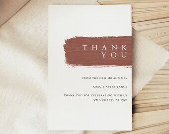 Modern Terracotta Wedding Thank You Card, Editable Instant Download Printable Brush Stroke Bohemian Minimalist Earthy Rustic Style WED23