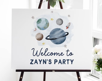 Bewerkbare ruimte verjaardag welkom teken 1e verjaardag jongen planeet Galaxy astronaut ruimte verjaardagsfeestje decor afdrukbare sjabloon Z292