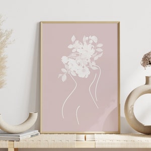 Modern Wall Art Print, Blush Pink White Woman Body Outline Floral Instant Download Printable Feminine Bedroom or Living Room Decor Artwork