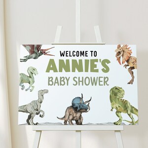 Dinosaurier Baby Shower Willkommensschild, bearbeitbare druckbare Sofort Download Jurassic Prehistoric T-Rex Triceratops Boy Shower Poster DIY Z304