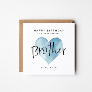 Tarjeta de cumpleaños del hermano, tarjeta de felicitación cuadrada del corazón de la acuarela azul personalizada editable imprimible, tarjeta de descarga instantánea de la hermana hermana