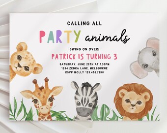 Invitación de cumpleaños de animales de fiesta editable Invitación de un animal salvaje Zoológico Safari Animales Niña o niño Descargar plantilla de invitación imprimible Z293