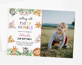 Editable Party Animals Birthday Invitation Wild One Animal Invitation Zoo Safari Animals Girl or Boy Download Printable Invite Template Z293