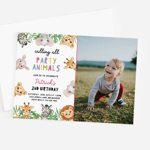 Bewerkbare feestdieren verjaardagsuitnodiging Wild One Animal uitnodiging Dierentuin Safari dieren meisje of jongen Download afdrukbare uitnodigingssjabloon Z293