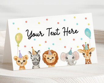 Editable Party Animals Place Card, Jungle Safari Food Labels Template, Birthday Place Card Tent Card Escort Card Zoo Wild One Printable Z293