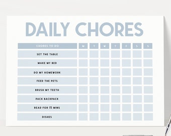 Kids Rewards Chart, Editable Printable Instant Download Pastel Blue Modern Fun Boys Chore Tracker Daily Weekly Routine Tick Chart Planner