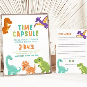 Time Capsule Printable Instant Download, Dinosaur Prehistoric Party Birthday Jurassic T-Rex Triceratops Colorful Guestbook Keepsake Z306