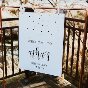 Confetti Birthday Welcome Sign, Modern Minimalist Black & Gold Editable Template Printable Instant Download Party Welcome Poster DIY Z51