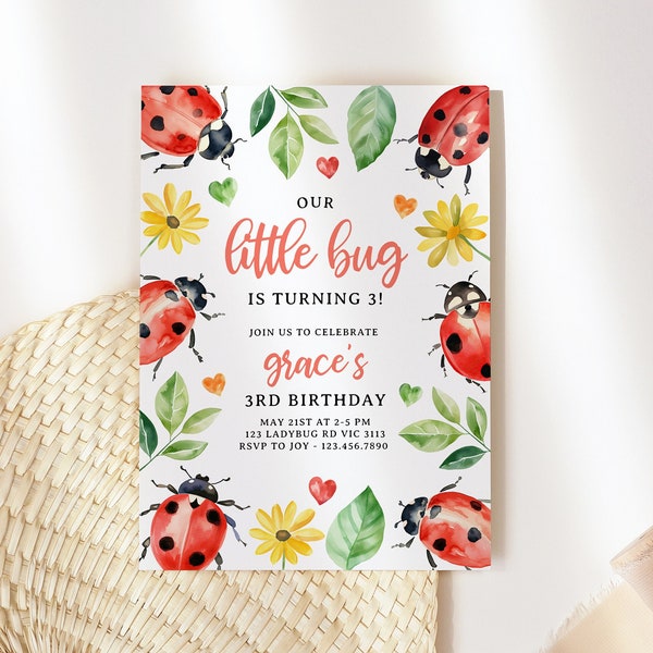 Ladybug Birthday Invitation, Little Bug Girls Editable Ladybird Greenery Insect Bugs Printable Instant Download DIY Digital Invite z359