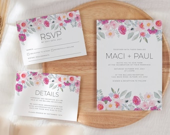 Floral Wedding Invitation Template Boho Chic Wedding Invitation Suite Wedding Set Blush Pink Wedding Invitation Templett Printable WED48