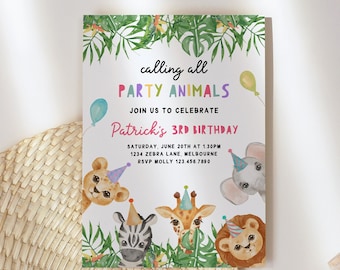Invitación de cumpleaños de animales de fiesta editable Invitación de animales salvajes Zoológico Safari Animal Niña Niño Descargar plantilla de invitación imprimible Z293